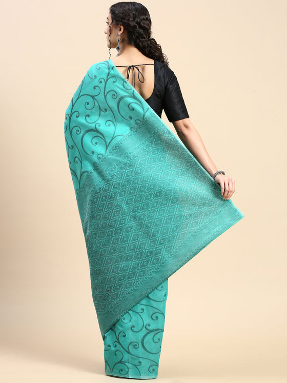 Stylish Green Leaf Design Semi Kora Cotton Saree SK89