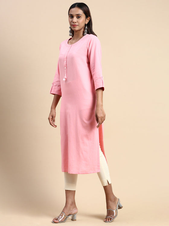 Cotton Plain Round Neck Straight Cut Pink Kurti CPK08