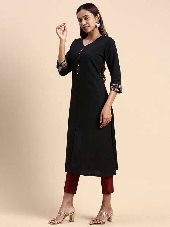 Cotton Plain V Neck Straight Cut Black Kurti CPK11