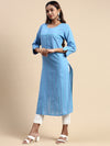 Cotton Embroidered Round Neck Straight Cut Blue Kurti EK39