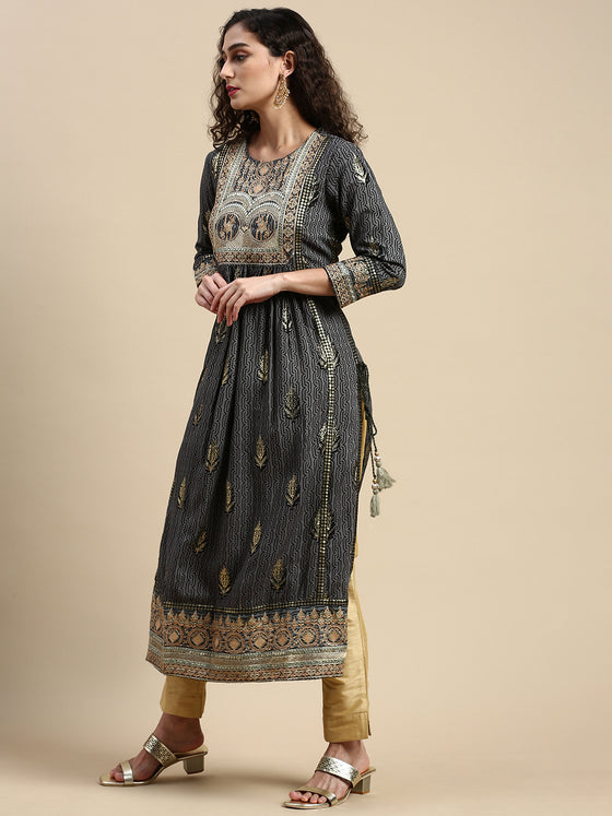 Elegant Embroidered and Printed Black & Sandal Straight Cut Kurti EK19