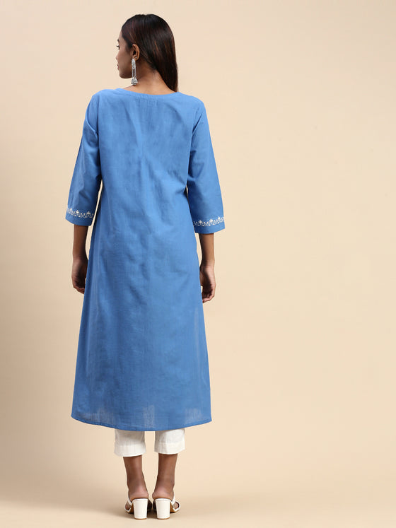Cotton Embroidered Round Neck Straight Cut Blue Kurti EK37