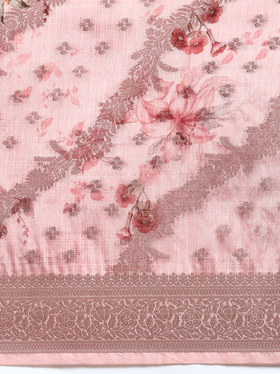 Elegant Dola Silk Pink Flower Digital Print with Jari Border Sarees DS01