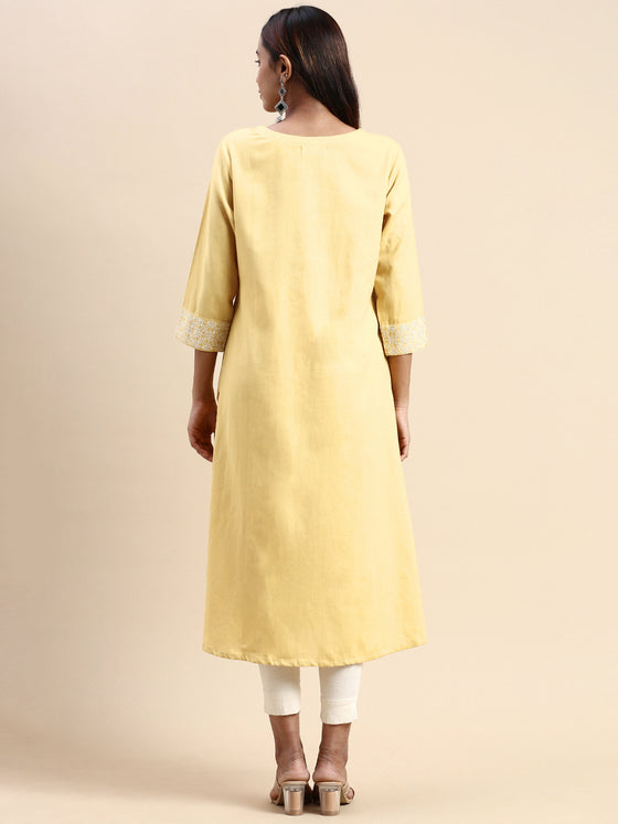 Cotton Plain Round Neck Straight Cut Yellow Kurti CPK03