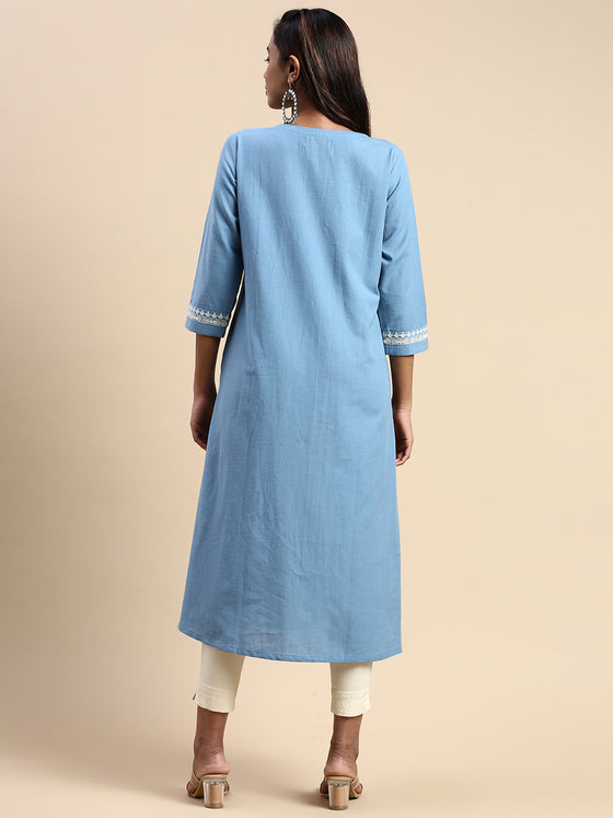Cotton Embroidered Round Neck Straight Cut Blue Kurti EK26
