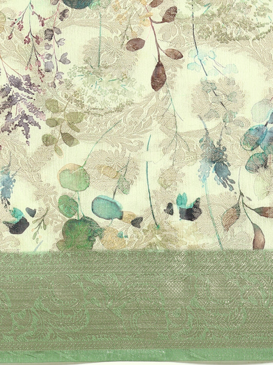 Beautiful Dola Silk Green Flower Digital Print with Jari Border Sarees DS02