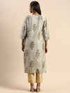 Cotton Green & Grey Round Neck Straight Cut Printed Kurti PK33