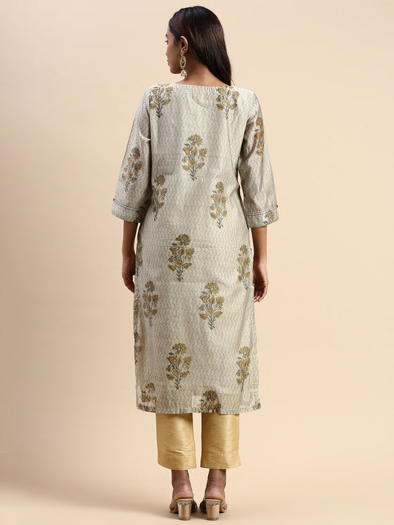 Cotton Green & Grey Round Neck Straight Cut Printed Kurti PK33
