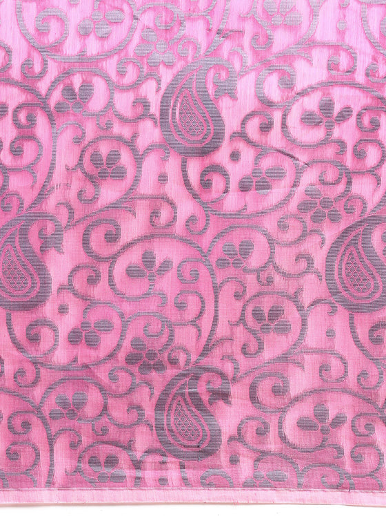 Stylish Grey & Pink Leaf Design Semi Kora Cotton Saree SK85