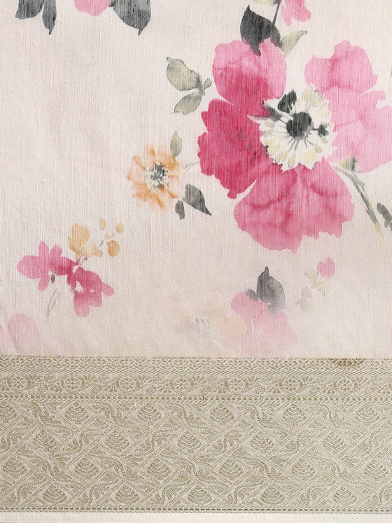 Semi Organza Peach and Pink Flower Printed with Jari Border Saree SOS04