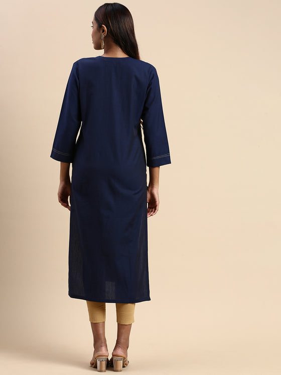 Cotton Embroidered V Neck Straight Cut Navy Kurti EK31