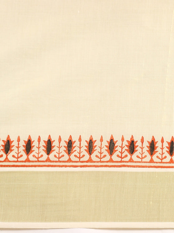 Kerala Tissue Printed Gold Jari Border Saree OKS26 Onam Collection