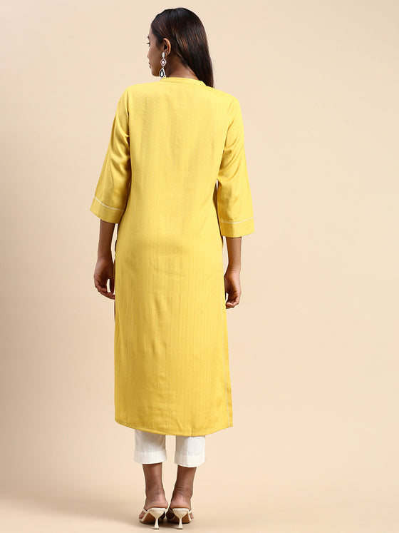 Cotton Embroidered Mandarin Collar Straight Cut Lemon Yellow Kurti EK24