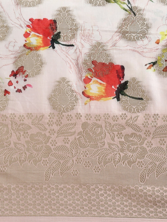 Semi Tussar Sandal Flower Printed Saree with Tassels STP14