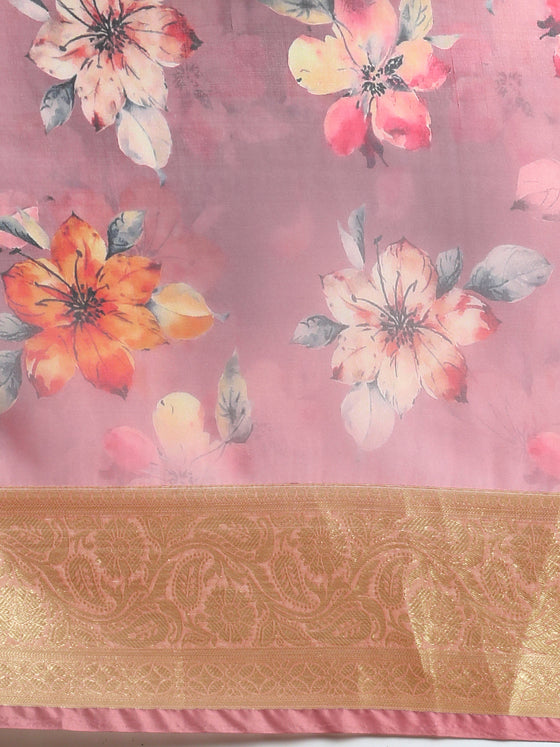 Semi Chanderi Pink Flower Printed with Jari Border Saree SOS06