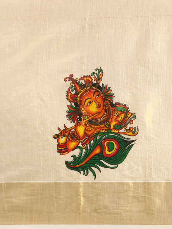 Kerala Tissue Krishna with Flute Printed Gold Jari Border Saree OKS37 Onam Collection