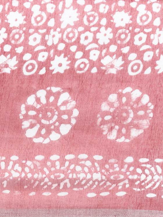 Elegant Semi Linen Flower Digital Print Pink & White Saree SL66