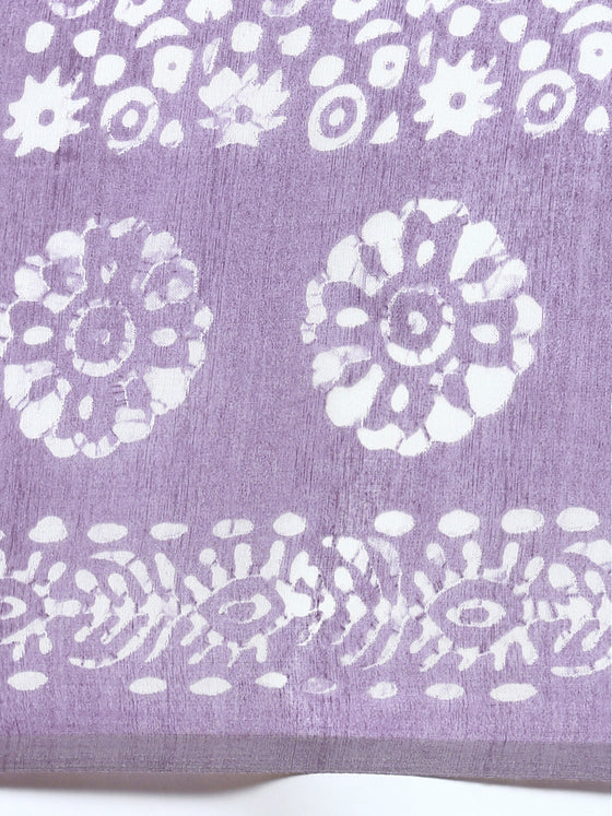 Elegant Semi Linen Flower Digital Print Lavender & White Saree SL64