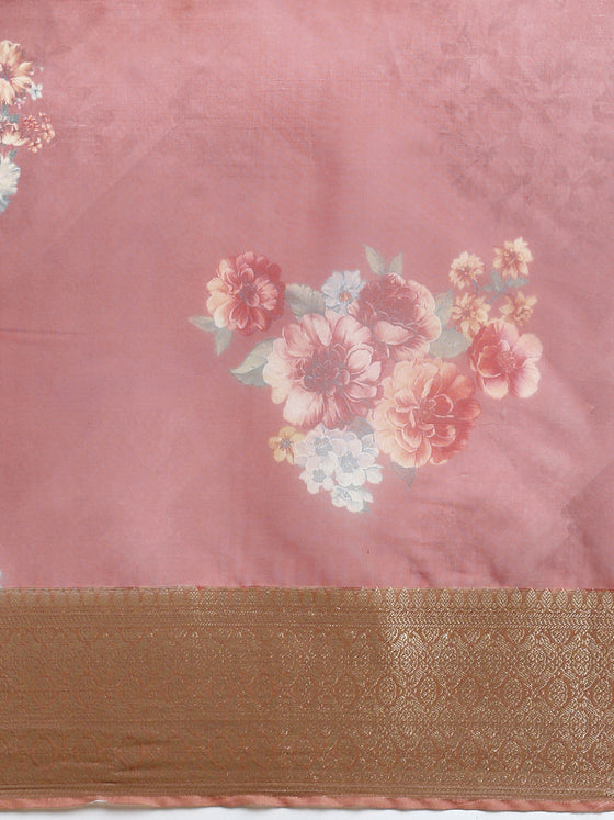 Elegant Semi Linen Brown & Sandal Flower Digital Printed Saree SL55