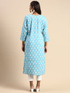 Cotton Flower Printed Round Neck Straight Cut Blue Kurti PK27