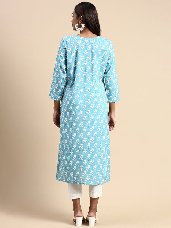 Cotton Flower Printed Round Neck Straight Cut Blue Kurti PK27
