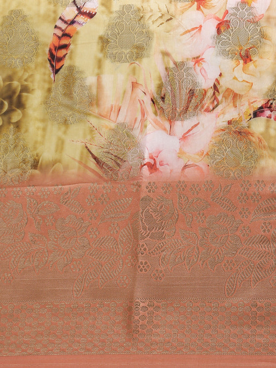 Semi Tussar Peach & Yellow Flower Printed Saree with Tassels STP15