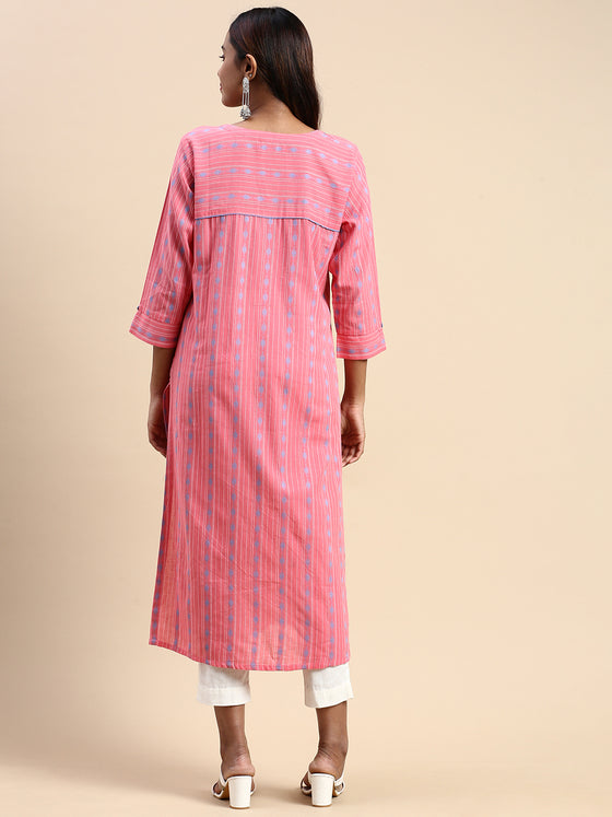 Cotton Embroidered Round Neck Straight Cut Pink Kurti EK40