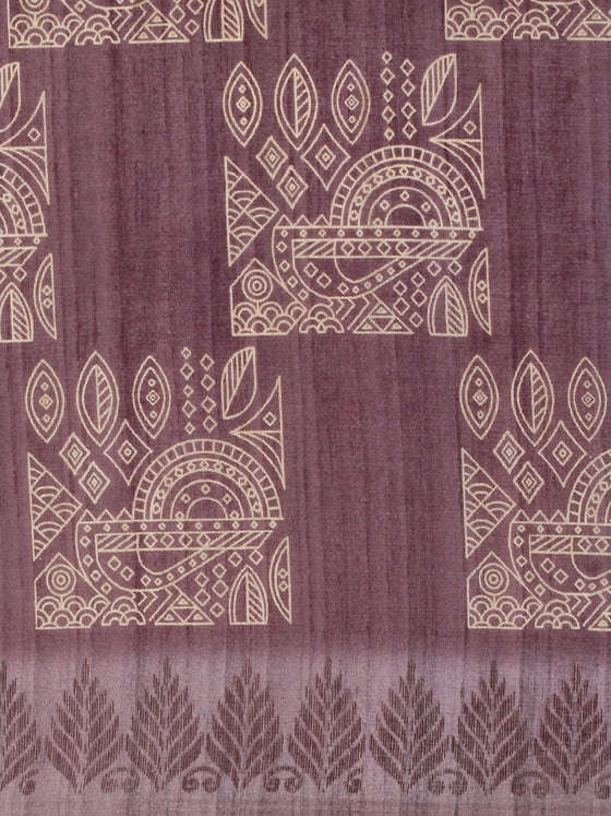 Semi Tussar Purple & Sandal Flower Embroidery Saree ST93