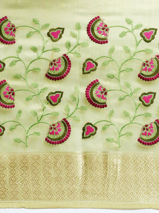 Divine Semi Linen Green Floral Printed Embroidery Saree SLPE05