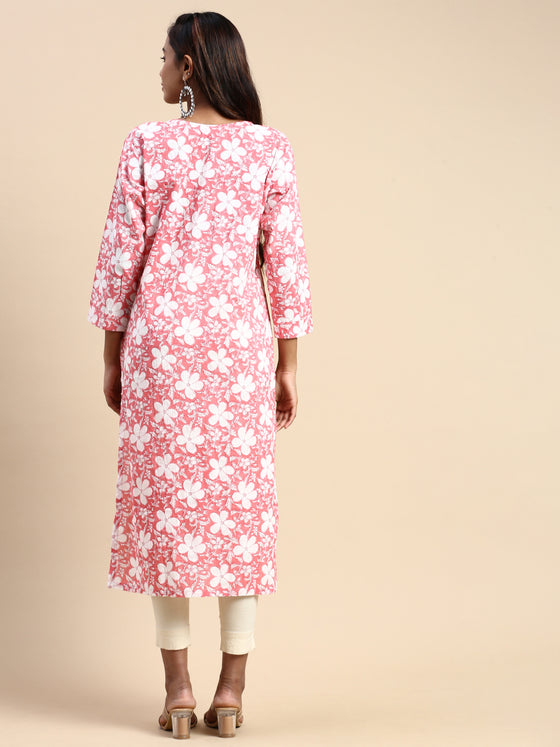 Cotton Printed Round Neck Straight Cut Pink Kurti PK24