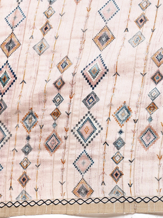 Semi Tussar Pink & Sandal Mixed Embroidery Saree ST89