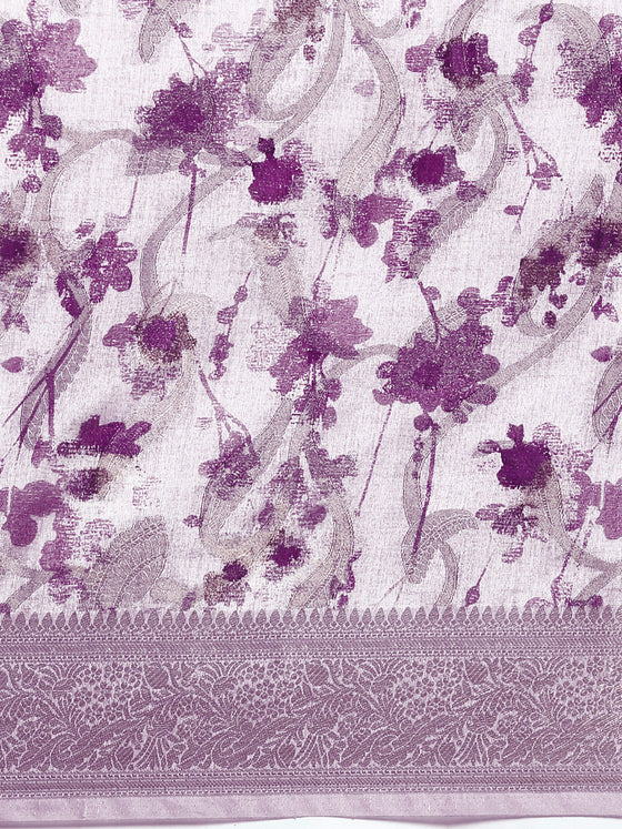 Gorgeous Dola Silk Purple Flower Digital Print with Jari Border Sarees DS04
