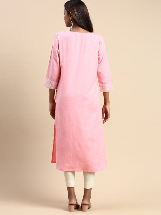 Cotton Plain Round Neck Straight Cut Pink Kurti CPK06