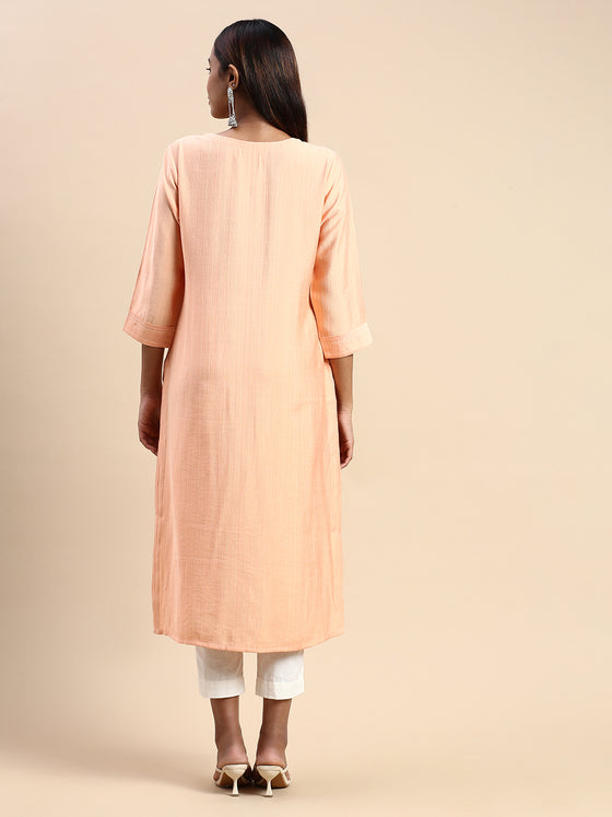 Cotton Embroidered Round Neck Straight Cut Orange Kurti EK34