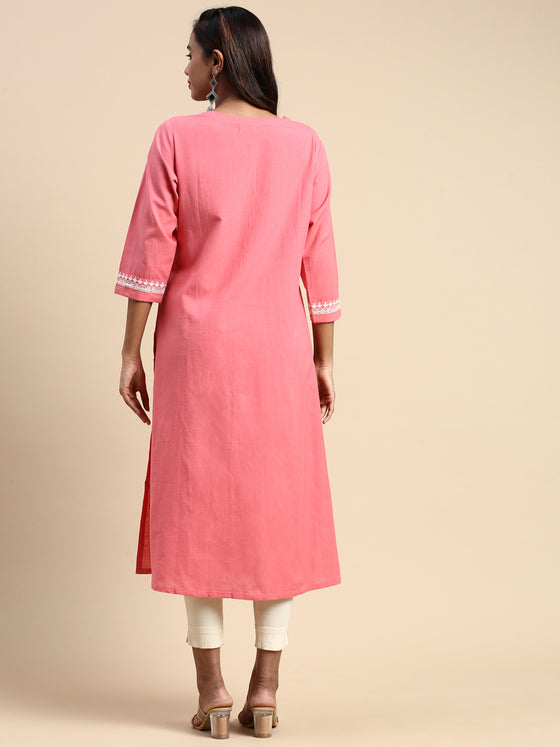 Cotton Embroidered Round Neck Straight Cut Pink Kurti EK27