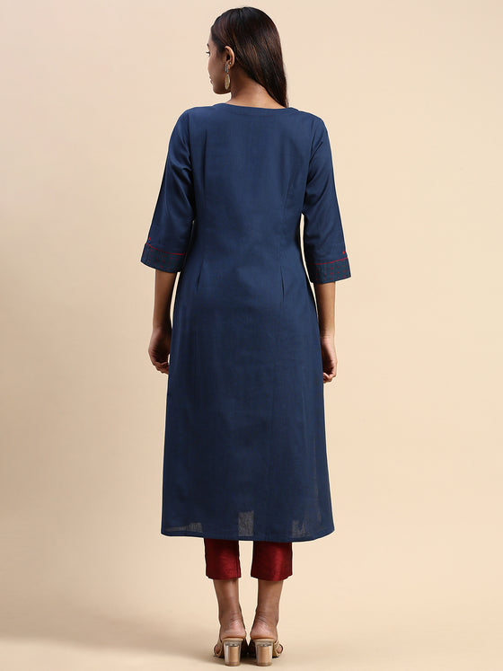 Cotton Plain Round Neck Straight Cut Navy Kurti CPK10