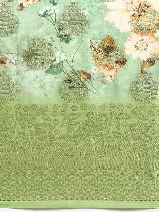 Semi Tussar Green Flower Printed Saree with Tassels STP13