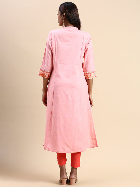 Cotton Pink & Brown Collar Neck Straight Cut Printed Kurti PK34