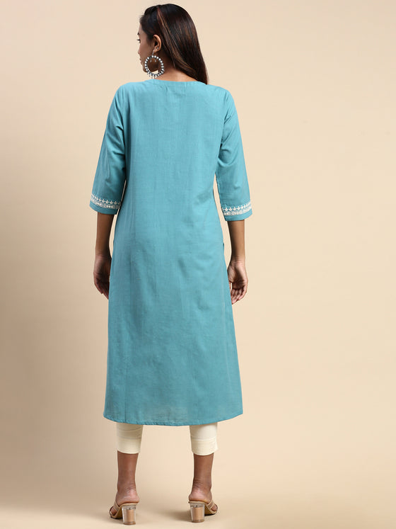 Cotton Embroidered Round Neck Straight Cut Green Kurti EK23