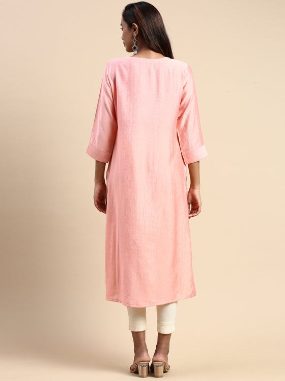 Cotton Embroidered Round Neck Straight Cut Pink Kurti EK35