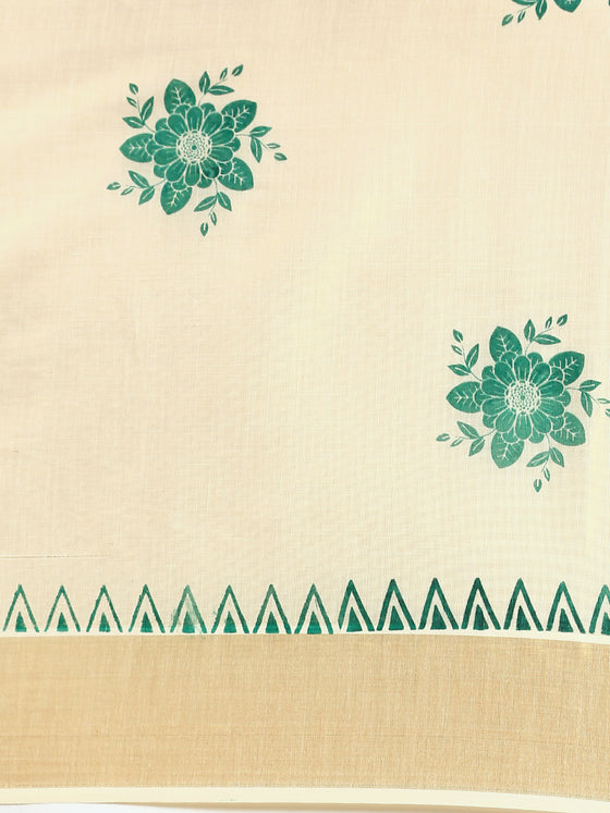 Kerala Tissue Flower Printed Gold Jari & Green Border Saree OKS16