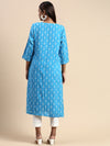 Cotton Flower Printed Round Neck Straight Cut Blue Kurti PK28