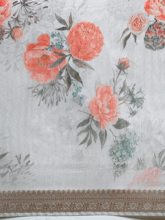 Semi Organza Grey Flower Printed with Jari Border Saree SOS02