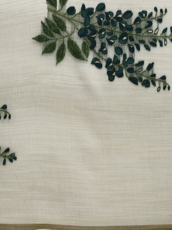 Womens Semi Tussar Grey Flower Embroidery Saree ST90