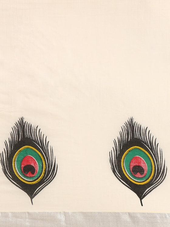Kerala Off White Peacock Feather Design Printed Silver Jari Saree OKS03