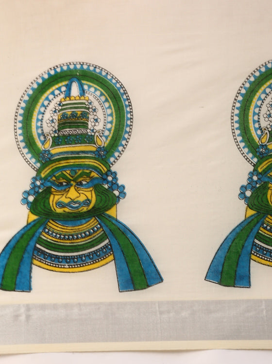 Kerala Off White Kathakali Doll Design Printed Silver Jari Saree OKS07