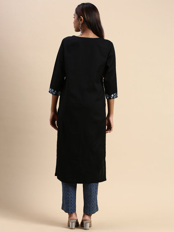 Cotton Embroidered Round Neck Straight Cut Black & Blue Kurti Set EKS01