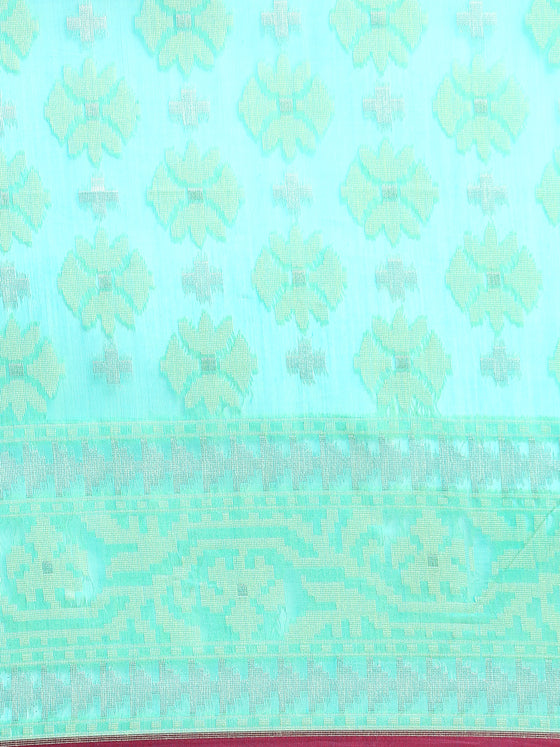 Stylish Flower Design Green & Blue Semi Kora Cotton Saree SK94