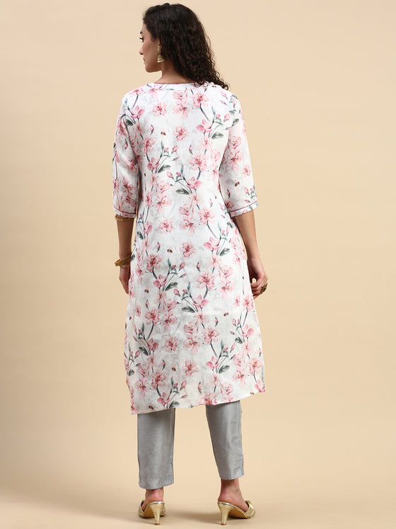Cotton Printed Straight Cut White and Pink Kurti EK14