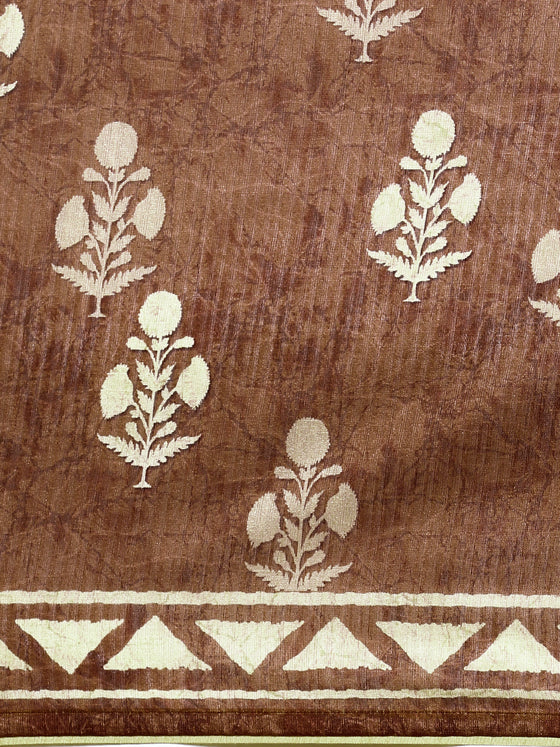 Semi Cotton Brown and Sandal Flower Printed Saree SCS23